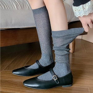Ballet style white glitter calf socks for women with shimmering silver silk finish