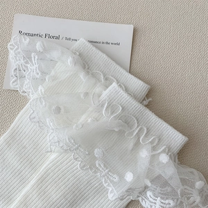 Gros plan de chaussettes blanches côtelées avec dentelle florale et broderie à pois délicate