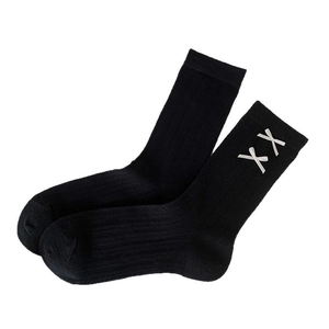 Japanese ballet style black mid-calf socks with white XX embroidery and ribbed texture