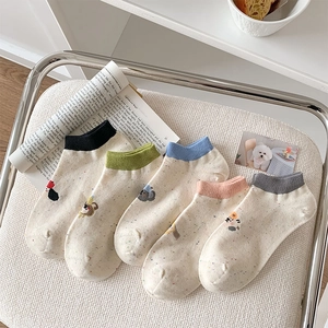 Japanese Style Cute Women Ankle Socks Confetti Knit Cotton Blend Cartoon Animal Embroidery Contrast Ribbed Cuff Low Cut