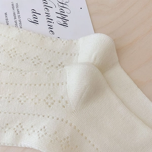 Close-up of hollowed-out knit pattern on cream cotton blend crew socks for women
