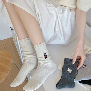 Japanese style cute cartoon embroidery crew socks with frilly edges and speckled yarn