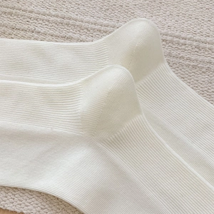 Close-up of white ribbed knit socks with high density vertical stripes and reinforced heel