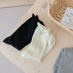 Detailed view of breathable hollow jacquard mesh and ruffled edges on cotton crew socks