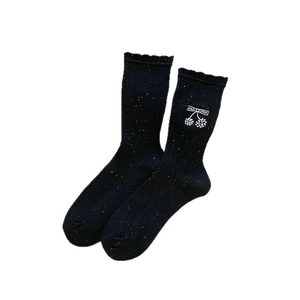 Cute black crew socks with cherry embroidery and colorful flecks in Japanese style