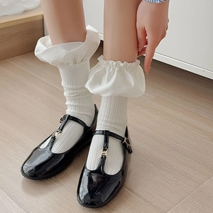 French style white ruffle lace socks paired with black patent leather Mary Jane shoes