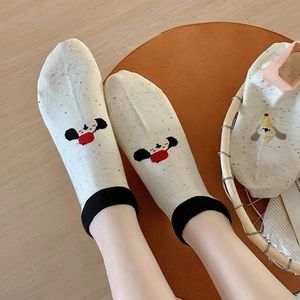 Japanese style cream ankle socks with cute cartoon dog embroidery and colorful speckles