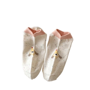 Japanese style cream white cotton ankle socks with cute cartoon puppy and confetti pattern