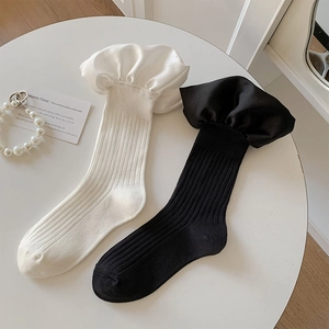 Women Mid-Calf Socks With Satin Ruffle Trim Ribbed Cotton Knit Sweet Lolita French Style Solid Color