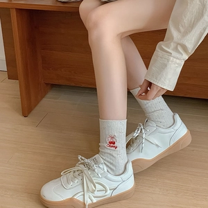 Japanese style white sneakers paired with cute cherry embroidery mid-calf socks