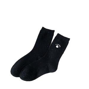 Japanese style black crew socks with colorful confetti dots and cute bear embroidery