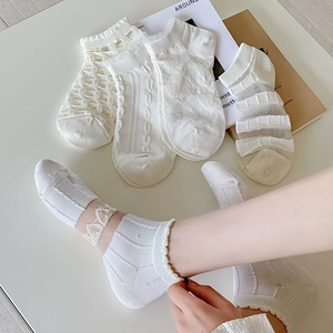 Macro detail of white cotton socks featuring heart lace patterns and breathable mesh textures