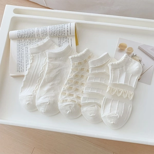 Women Ankle Socks White Cotton Blend Breathable Mesh Lace Trim Hollow Out Heart Pattern Ruffle Edge Sweet Japanese Style