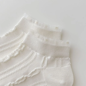 Macro detail of white hollow-out heart lace mesh socks with delicate wavy ruffled cuffs