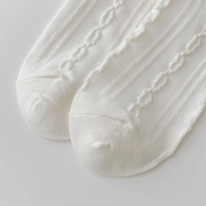 Detailed close-up of white knitted socks featuring hollow out lace and twist patterns