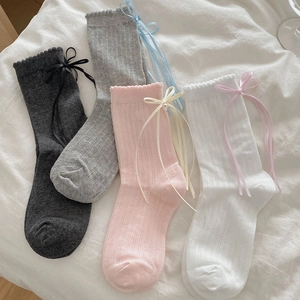 Women Cotton Crew Socks Ribbed Knit Ruffled Edge Ribbon Bow Sweet Lolita JK Style Breathable Fashionable Soft