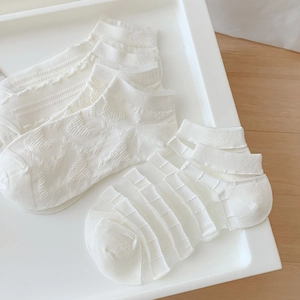 Close-up of white ankle socks featuring heart hollow patterns and lace ruffle cuffs