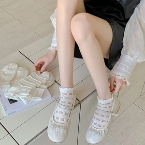Close-up of Mary Jane flats with pearls and white lace heart hollow socks
