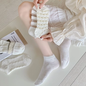 Detailed view of white cotton socks featuring heart lace, hollow mesh, and sweet frilled edges