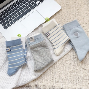 Japanese style pastel blue and grey crew socks with heart embroidery and stripes set