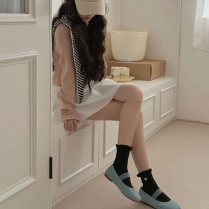 Light blue suede Mary Jane flats with single strap and cute heart embroidery socks