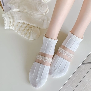 White Japanese-style lace socks with heart hollow patterns and mesh texture for women