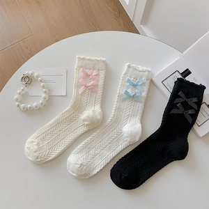 Chaussettes Mi-Mollet Douces Japonaises En Coton Tricoté Bordure À Volants Avec Nœud Style JK Balletcore Pour Femmes