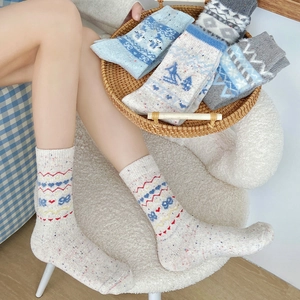 Women Japanese Style Wool Blend Slouch Socks Thick Warm Nep Yarn Jacquard Pattern Mid-Calf Socks For Winter Casual Wear