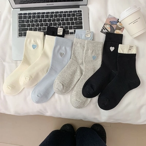 Women Mid Calf Crew Socks Cotton Heart Embroidery Letter Label Ribbed Cuff Breathable Casual Japanese Preppy Style