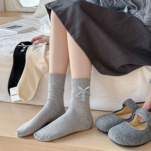 Japanese style crew socks with ribbon bow and heart embroidery in gray and white