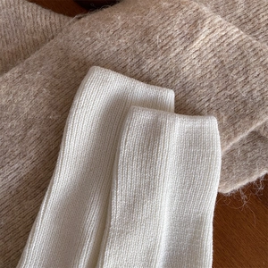 Detailed close-up of white chunky ribbed knit leg warmers with soft textured fabric
