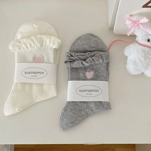Detail of sweet lace trim socks with pink heart embroidery in beige and grey