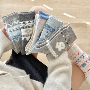 Detail showing thick wool blend socks with vintage Nordic patterns and rabbit jacquard