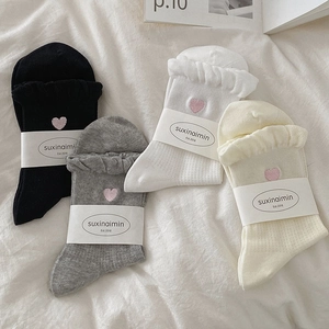 Lace ruffle socks with heart embroidery in black, gray, white, and beige on soft fabric