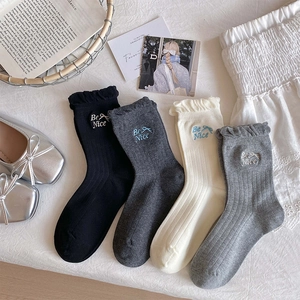 Women Cotton Blend Crew Socks Lettuce Edge Bow Letter Embroidery Ribbed Knit Sweet Japanese Style