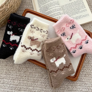 Women Winter Thick Plush Socks Warm Thermal Kawaii Puppy Cartoon Bowknot Home Sleep Hosiery Japanese Style