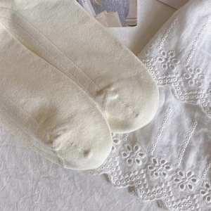 Close-up of cream knit mid-calf socks featuring soft vertical stripes and lace details