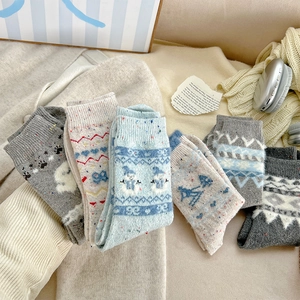Detail of Fair Isle wool socks with winter motifs and cozy textured knit fabric