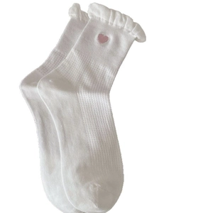 White frilly socks with pink heart embroidery and vertical striped knit texture