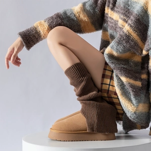 Detail of dark brown ribbed knit leg warmers paired with khaki platform snow boots