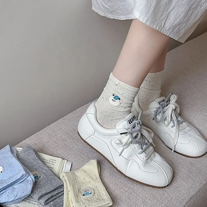 Japanese style crew socks for women featuring cute bear embroidery and colorful dot patterns