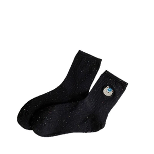 Black nep yarn mid-tube socks with cute bear embroidery and ribbed texture finish
