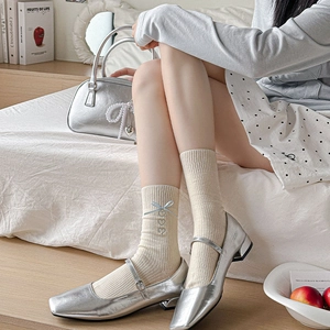 Women Cotton Crew Socks Ribbon Bow Heart Embroidery Sweet Japanese Style Ribbed Knit Mid Calf Fashion Socks