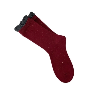 Japanese style wine red crew socks with gold glitter and dark grey ruffle lace trim