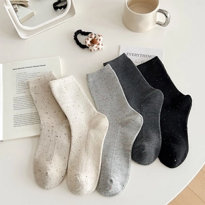 Women Crew Socks Ribbed Knit Cotton Blend Speckled Confetti Yarn Japanese Preppy Style Casual Mid Tube Slouch Socks