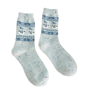 Blue Fair Isle wool socks with colorful nep yarn and white snowman holiday pattern