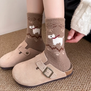 Japanese style beige mule slippers with warm brown cartoon puppy thermal socks