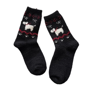 Thick black coral fleece socks with cute white puppy and red bow tie patterns