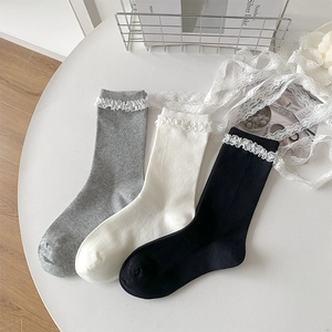 Women Mid-Calf Slouch Socks Sweet Lolita Style Ribbed Cotton With Lace Trim And Bow Ribbon Ties Balletcore Fashion