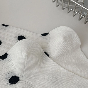 Detailed close-up of white crew socks with black polka dots and ribbed knit texture